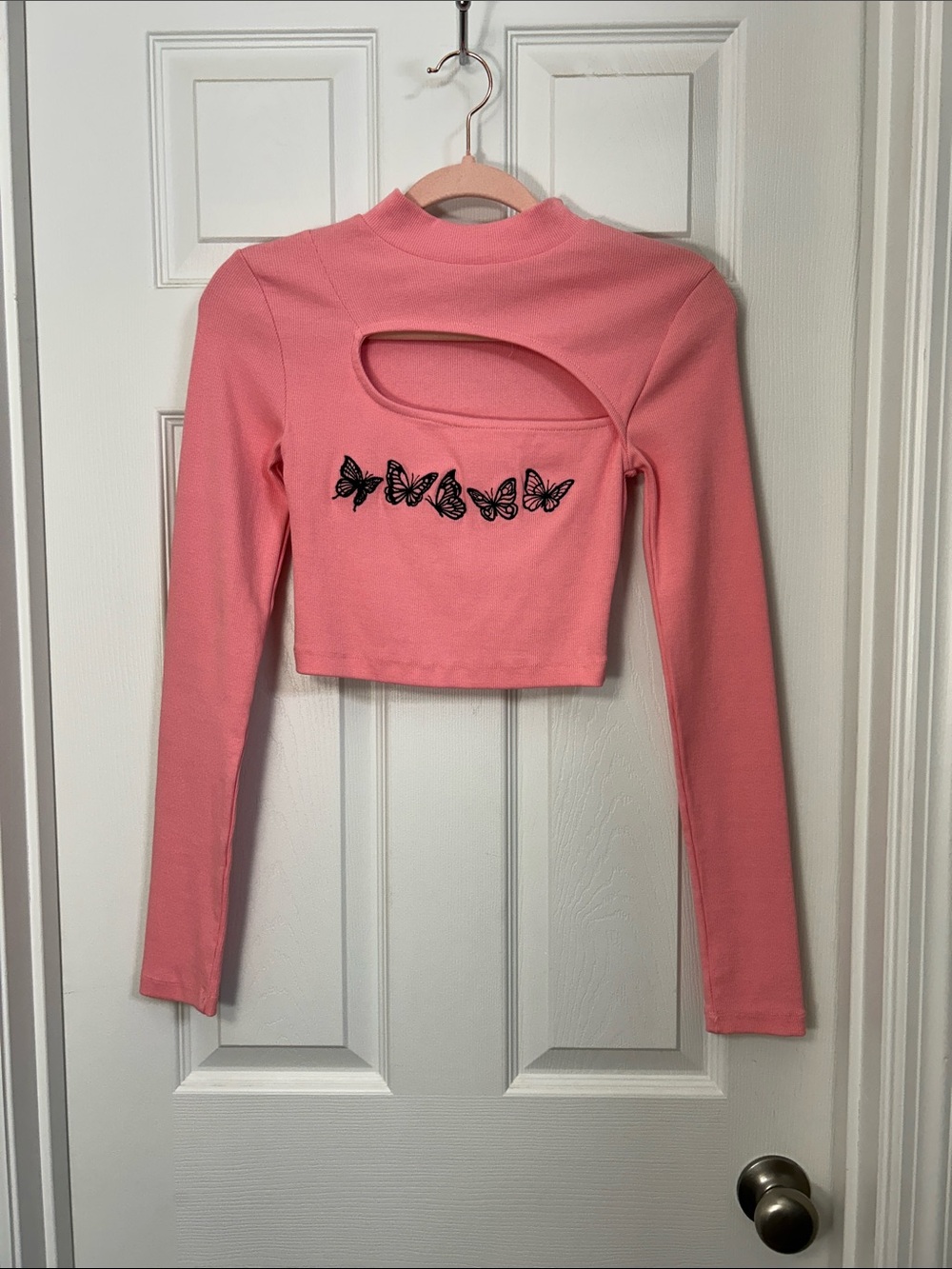 Urban Outfitters Pink Long-Sleeve Cut Out Cropped Top with Butterfly Motif Small